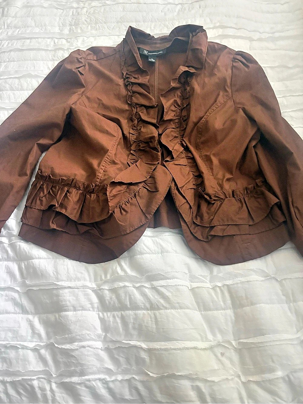 INC International Concepts Ruffle Front Brown Cotton Jacket XL Like New